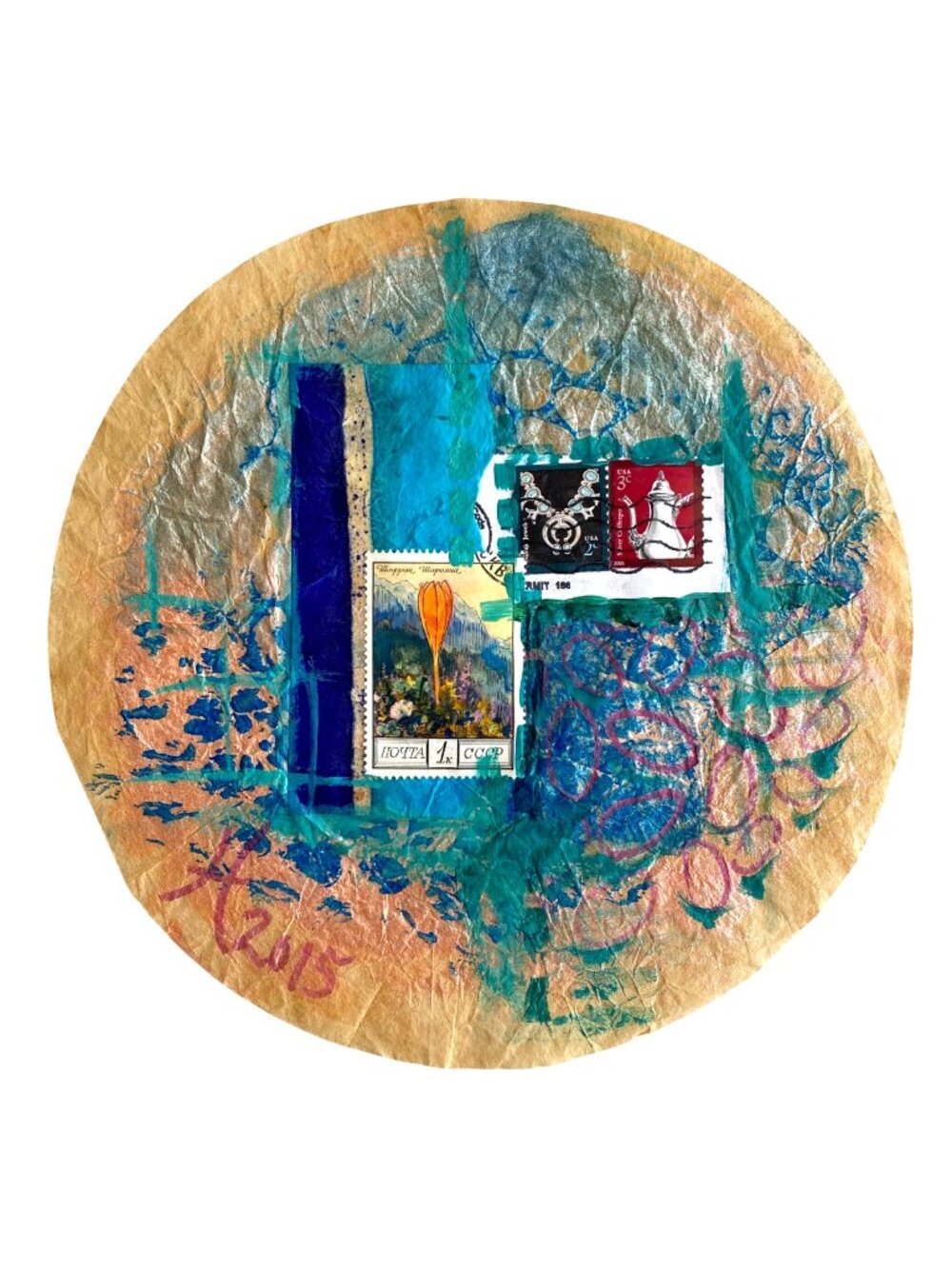 Filtered 4 Original Art Acrylic Collage Painting Round Artwork 7.75in Diameter